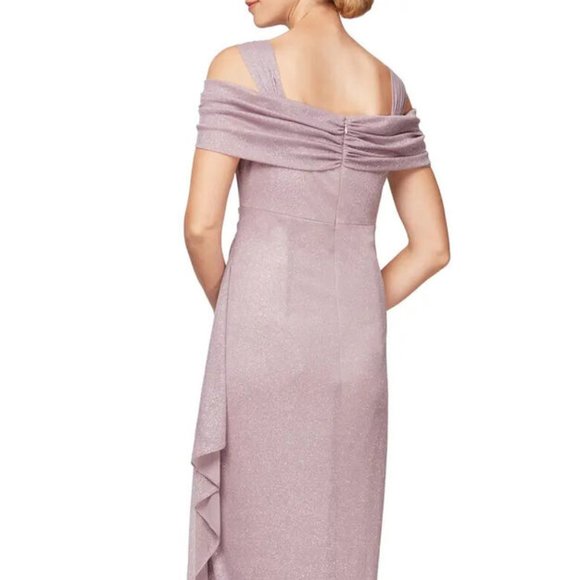 Alex Evenings Cold Shoulder Glitter Mesh Dress Draped Skirt Cowl Neckline *14* - Picture 2 of 5